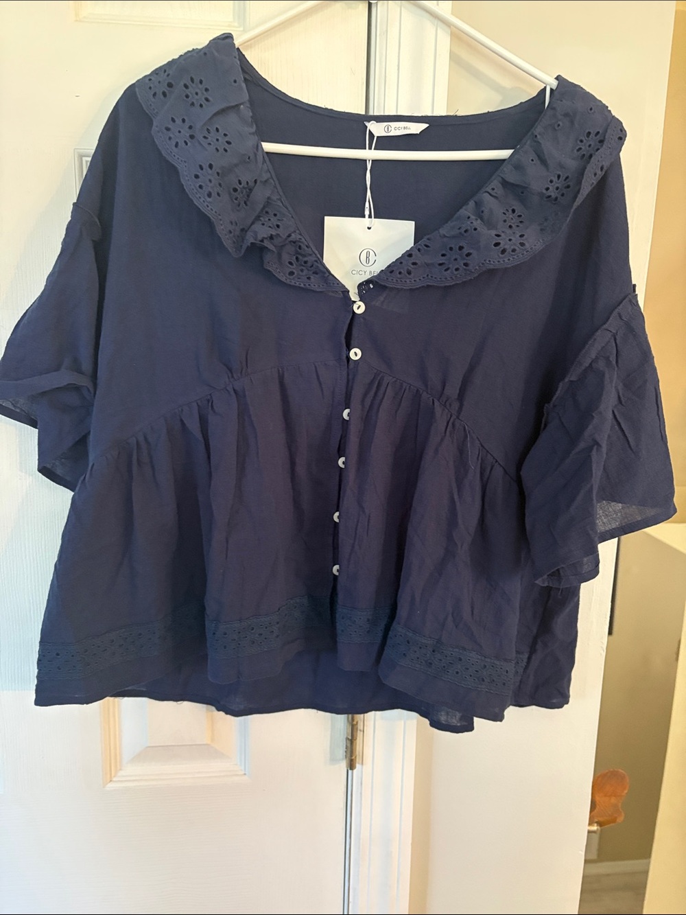 C/C California Navy Eyelet-Collar Button Front Blouse